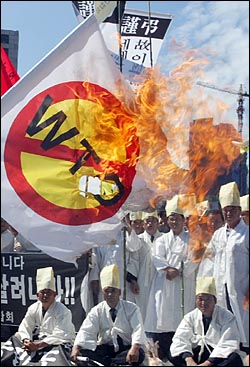 지난 20일 오전 서울 송파구 올림픽공원에서 열린 고 이경해씨 세계농민장에서 상복을 입은 농민들이 불타는 WTO 깃발을 보고 있다. 